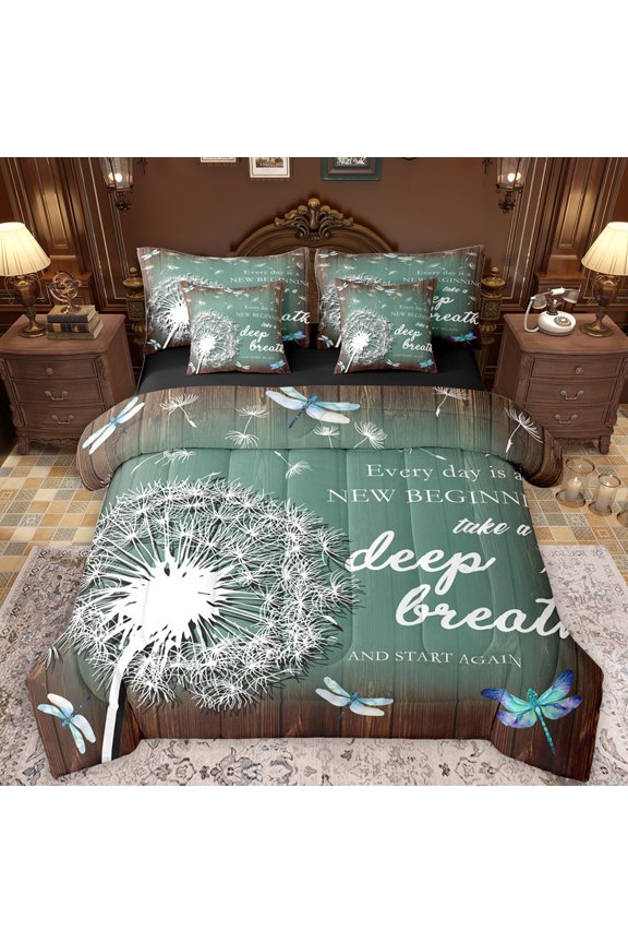 Rustic Dandelion Plant Bedding Comforter Set 7pcs, Farmhouse Lodge Cabin King Bedding Sets, Western Countryside Reversible Bed Sheets, Microfiber Bedroom Decor