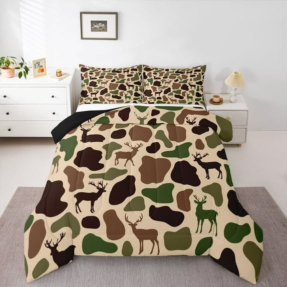 Feelyou Rustic Deer Animal Full Size Comforter Sets, Vintage Brown Camo Bedding Sets, 3pcs