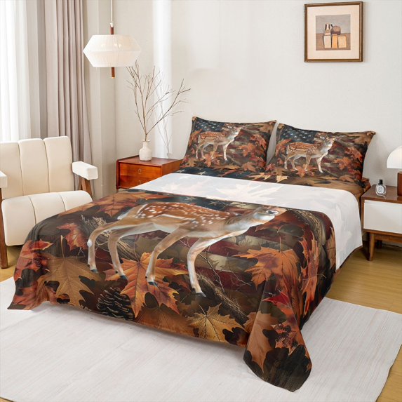 Feelyou Rustic Deer Animal Full Size Sheets, Retro American Flag Bed Sheets, 4 Pieces