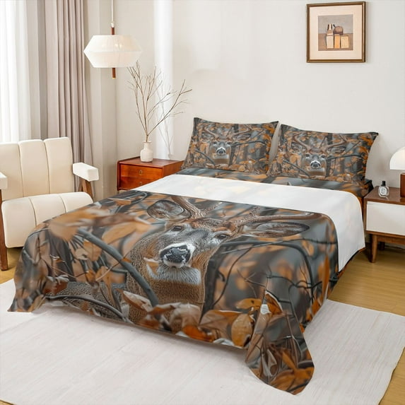 Feelyou Rustic Deer Animal Queen Sheet Sets, Countryside Theme Bed Set, 4-Piece