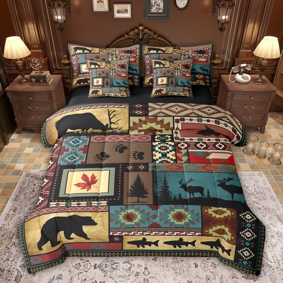 Feelyou Rustic Deer Bear Bedding Comforter Set 7pcs, Vintage Bohemian Aztec Queen Bedding Sets, Hippie Western Animal Reversible Queen Sheet Sets, Microfiber Bedroom Decor