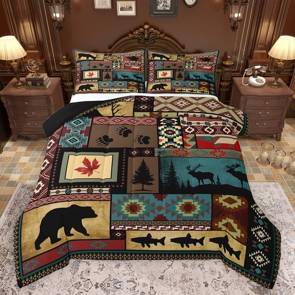 Feelyou Rustic Deer Bear Queen Comforter Set, Vintage Bohemian Aztec Bedding Sets, Hippie Western Animal Reversible Bedding Comforter Set, Microfiber Bedroom Decor, 3-Piece