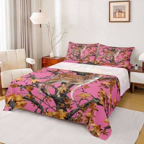 Feelyou Rustic Deer Elk Bed Sheets, Jungle Branches Plant King Sheets, 4pcs