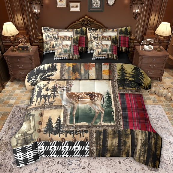 Feelyou Rustic Deer Moose Bedding Comforter Set 7 Pieces for Kid, Vintage Fashion Patchwork Full Bedding Set, Farmhouse Cabin Wildlife Reversible Fitted Sheet Flat Sheet, Super Cozy Room Decor