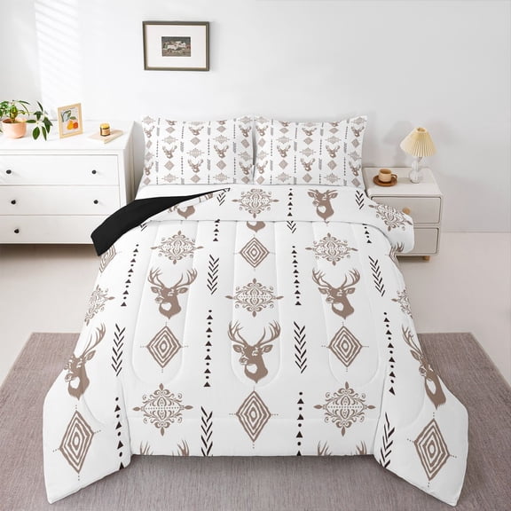 Feelyou Rustic Deer Moose Full Size Comforter Sets, White Boho Aztec Bedding Sets, 3pcs