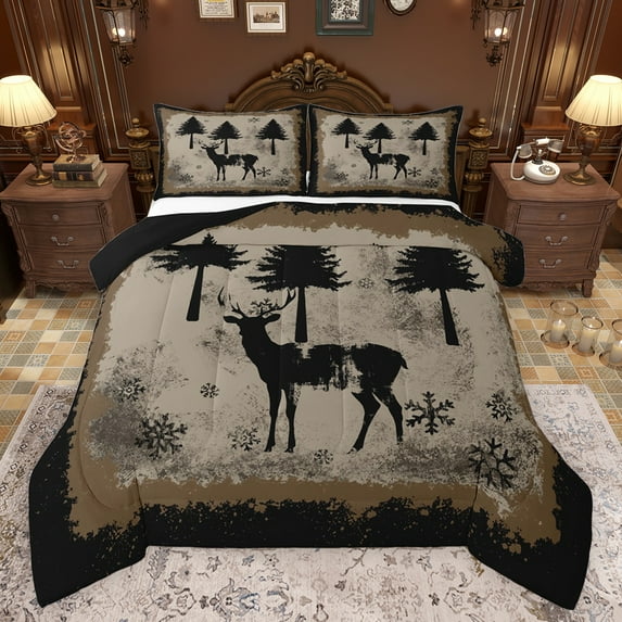 Feelyou Rustic Deer Moose Queen Comforter Set for Men, Merry Christmas Bedding Sets, Hippie Wildlife Animal Reversible Bedding Comforter Set, Lightweight Room Decor, 3 Pieces