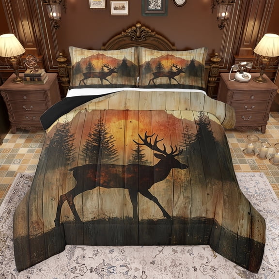 Feelyou Rustic Deer Moose Queen Comforter Set for Teen, Jungle Animal Wildlife Bedding Sets, Tree Plant Botanical Reversible Bedding Comforter Set, Luxury Bedroom Decor, 3pcs