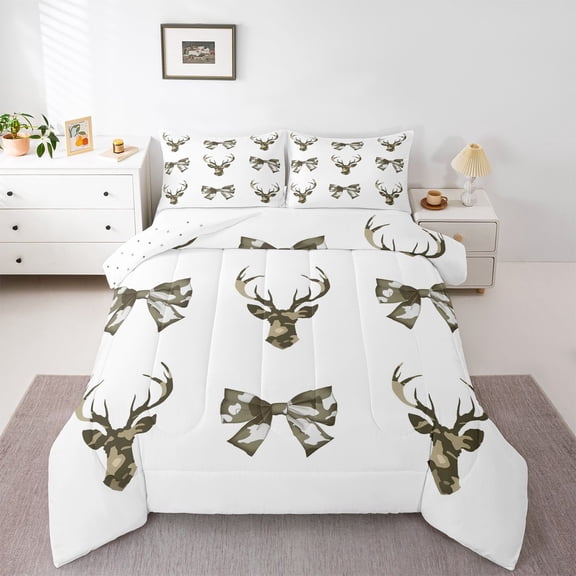 Feelyou Rustic Deer Moose Twin Comforter Sets, Fashion Bowknot Ribbon Bedding Set, 2pcs