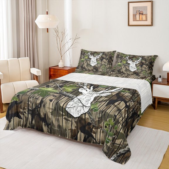 Feelyou Rustic Deer Print Twin Sheet Sets, Branches Plant Botanical Twin Fitted Sheet, Green Lodge Cabin Flat Sheet, Microfiber Bedroom Decor, 3 Pieces