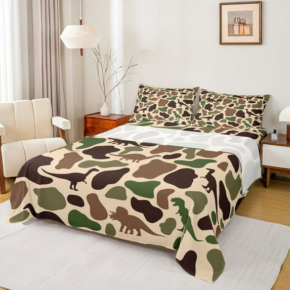 Feelyou Rustic Dinosaur Animal Bed Sheets, Retro Brown Camo King Sheets, 4-Piece