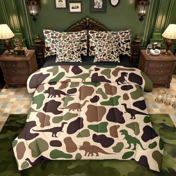Feelyou Rustic Dinosaur Animal Twin Bedding Sets 7pcs, Retro Brown Camo Comforter Set