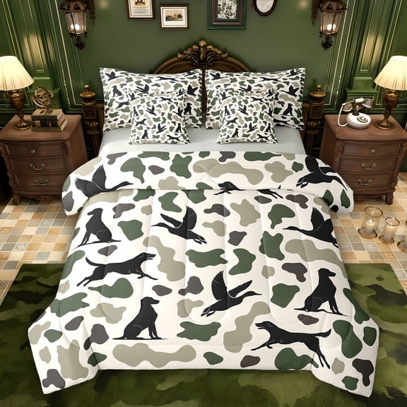 Feelyou Rustic Dog Duck Bedding Comforter Set 7pcs, Green Camouflage Queen Bedding Sets