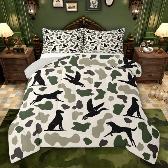 Feelyou Rustic Dog Duck Twin Comforter Sets, Green Camouflage Bedding Set, 2 Pieces
