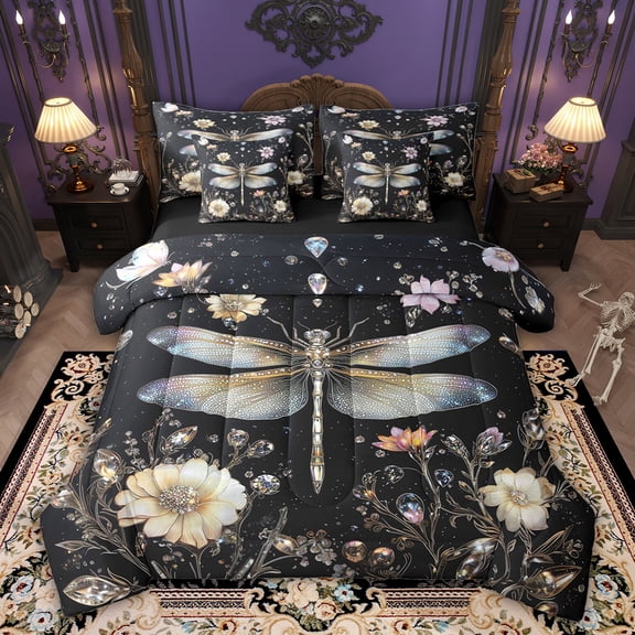 Feelyou Rustic Dragonfly Bedding Comforter Set 7pcs, Boho Flower Floral Full Bedding Set