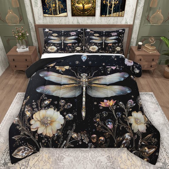 Feelyou Rustic Dragonfly Kid Queen Comforter Set, Boho Flower Floral Bedding Set, 3pcs