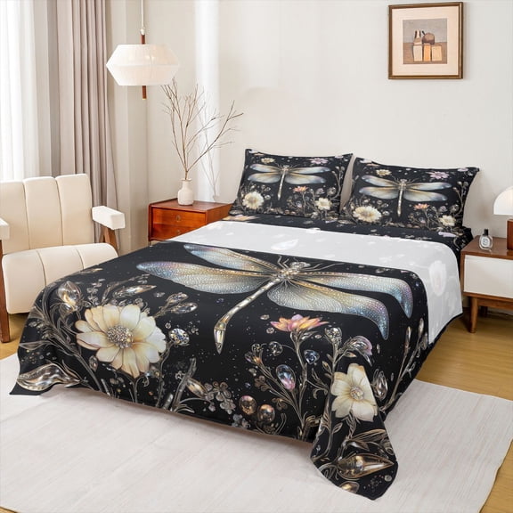 Feelyou Rustic Dragonfly Kid Twin Sheet Sets, Boho Flower Floral Bedding, 3 Pieces