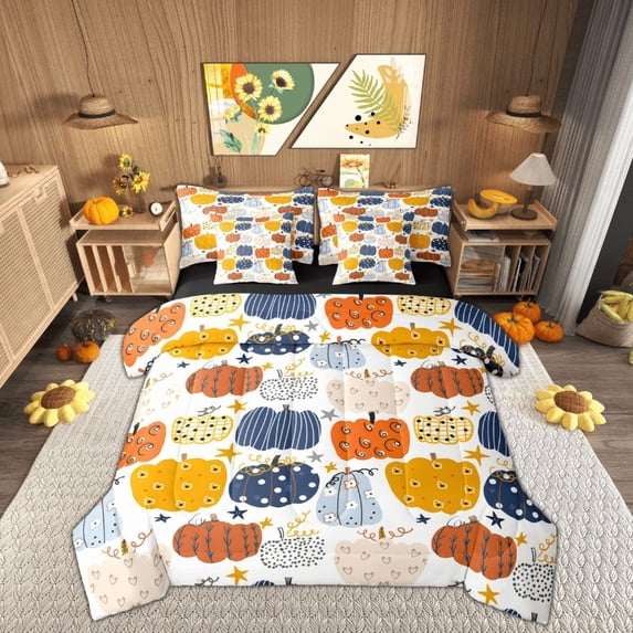 Feelyou Rustic Fall Pumpkin Bedding Comforter Set 7 Pieces, Autumn Botanical Full Bedding Set, Cartoon Stars Reversible Fitted Sheet Flat Sheet, Microfiber Bedroom Decor