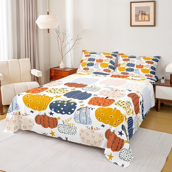 Feelyou Rustic Fall Pumpkin Twin Sheet Sets, Autumn Botanical Twin Fitted Sheet, Cartoon Stars Flat Sheet, Microfiber Bedroom Decor, 3pcs