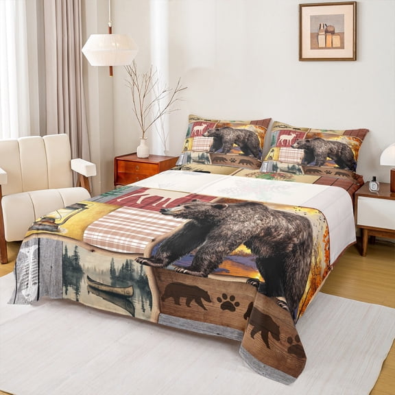 Feelyou Rustic Farmhouse Bear Bed Sheets, Retro Patchwork Buffalo King Sheets, Western Lake house Sheet Set, Luxury Bedroom Decor, 4pcs