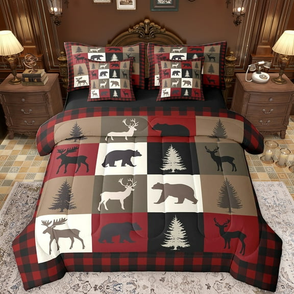 Feelyou Rustic Farmhouse Bear Bedding Comforter Set 7pcs, Reindeer Moose Wildlife King Bedding Sets, Black Red Square Plaid Reversible Bed Sheets, Luxury Bedroom Decor