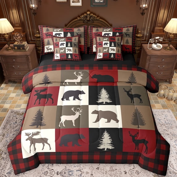 Feelyou Rustic Farmhouse Bear Bedding Comforter Set 7pcs, Reindeer Moose Wildlife King Bedding Sets, Black Red Square Plaid Reversible Bed Sheets, Luxury Bedroom Decor