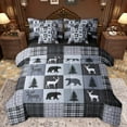 thumbnail image 1 of Feelyou Rustic Farmhouse Bear Bedding Comforter Set 7pcs, Reindeer Moose Wildlife King Bedding Sets, Grey Blue Square Plaid Reversible Bed Sheets, Microfiber Bedroom Decor, 1 of 7