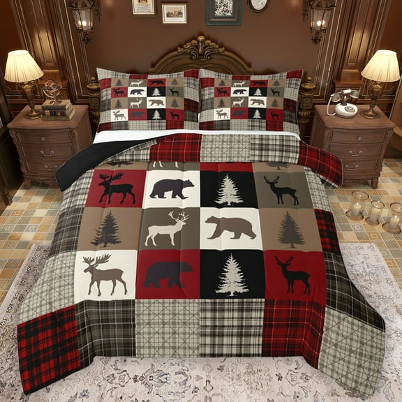 Feelyou Rustic Farmhouse Bear Bedding Comforter Set, Reindeer Moose Wildlife Twin Comforter Sets, Red Brown Square Plaid Reversible Bedding Set, Ultra Soft Bedroom Decor, 2-Piece