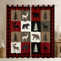 Feelyou Rustic Farmhouse Bear Black Out Curtains, Reindeer Moose Wildlife Curtains Pack of 2 (42x63 Each), Black Red Square Plaid Bedroom Curtains, Window Curtains Bedroom Decor