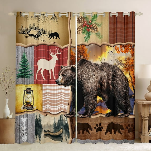 Feelyou Rustic Farmhouse Bear Curtains Pack of 2 (42x84 Each), Retro Patchwork Buffalo Curtains Blackout, Western Lake house Bedroom Curtains, Curtains and Drapes Decor