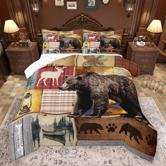 Feelyou Rustic Farmhouse Bear Full Size Comforter Sets, Retro Patchwork Buffalo Bedding Comforter Set, Western Lake house Reversible Bedding Sets, Luxury Bedroom Decor, 3pcs