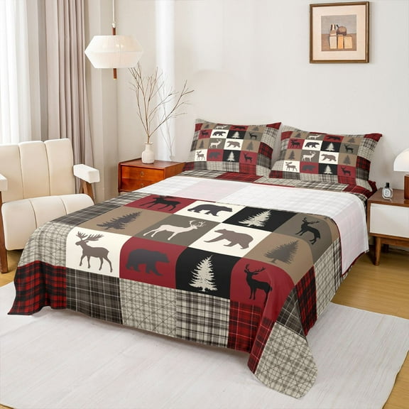 Feelyou Rustic Farmhouse Bear Full Size Sheets, Reindeer Moose Wildlife Bed Sheets, Red Brown Square Plaid Sheet Sets, Ultra Soft Bedroom Decor, 4-Piece