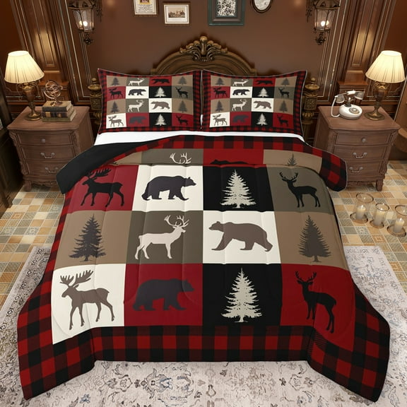 Feelyou Rustic Farmhouse Bear Queen Comforter Set, Reindeer Moose Wildlife Bedding Sets, Black Red Square Plaid Reversible Bedding Comforter Set, Luxury Bedroom Decor, 3-Piece