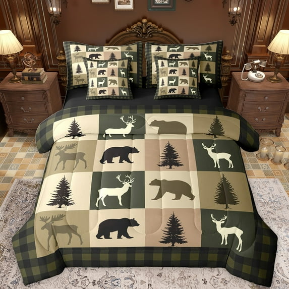 Feelyou Rustic Farmhouse Bear Twin Bedding Sets 7-Piece, Reindeer Moose Wildlife Bedding Comforter Set, Olive Drab Square Plaid Reversible Sheet Sets, Breathable Home Decor