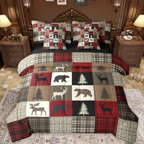 Feelyou Rustic Farmhouse Bear Twin Bedding Sets 7-Piece, Reindeer Moose Wildlife Bedding Comforter Set, Red Brown Square Plaid Reversible Sheet Sets, Ultra Soft Bedroom Decor
