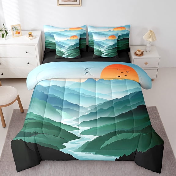 Feelyou Rustic Farmhouse Bedding Comforter Set 7 Pieces for Teen, Nature Scenery Full Bedding Set, Jungle Sun Mountain Reversible Fitted Sheet Flat Sheet, Luxury Bedroom Decor