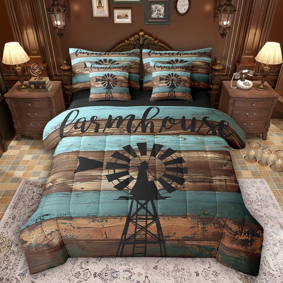 Feelyou Rustic Farmhouse Bedding Comforter Set 7pcs, Wooden Plank Cabin Full Bedding Set