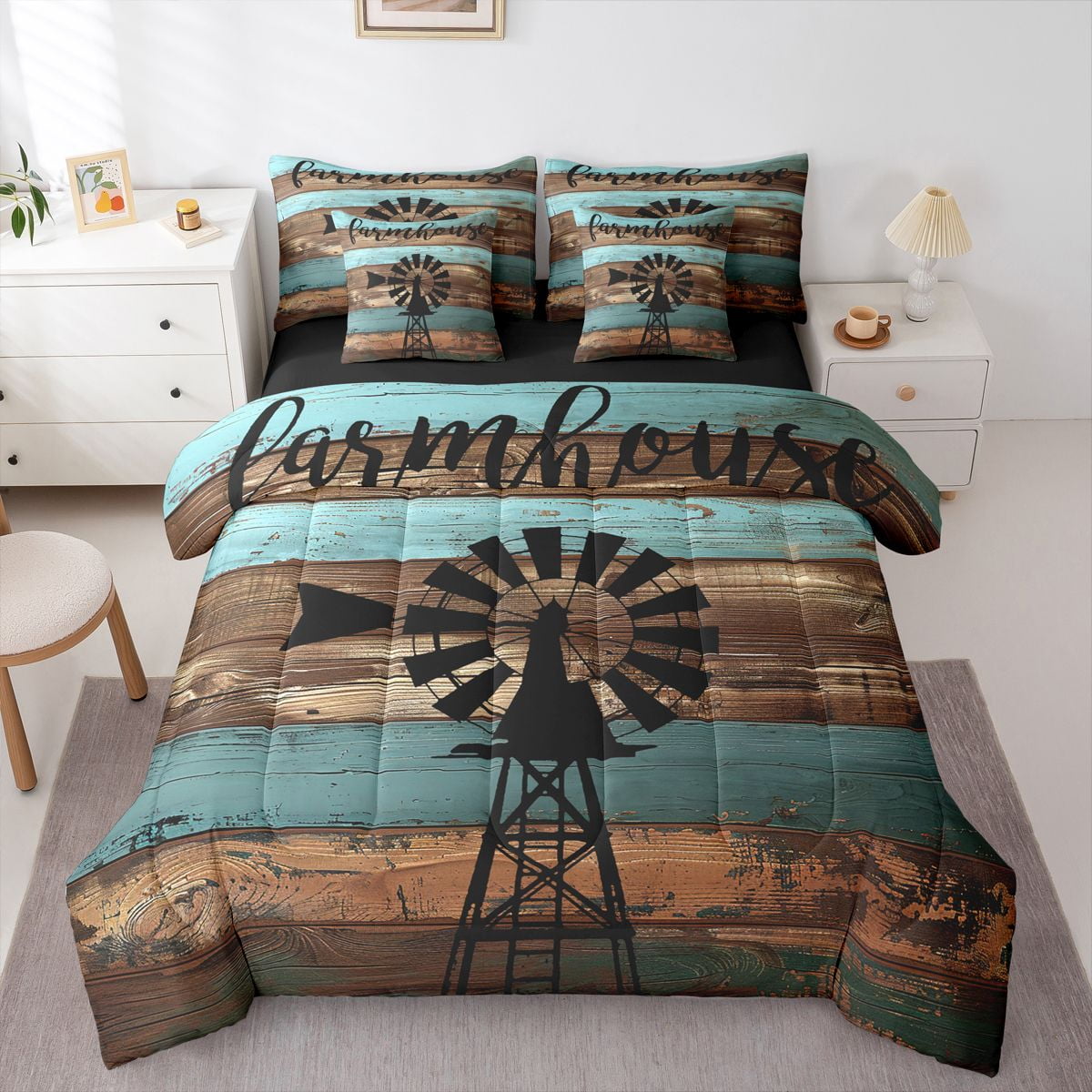 Feelyou Rustic Farmhouse Bedding Comforter Set 7pcs, Wooden Plank Cabin ...