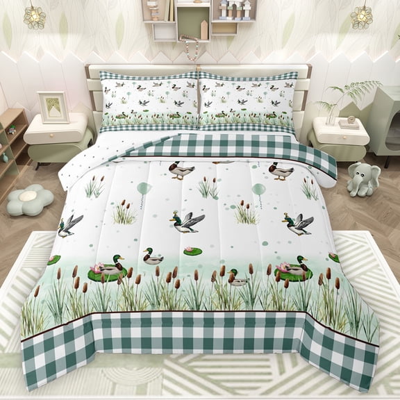 Feelyou Rustic Farmhouse Duck Full Size Comforter Sets, Cartoon Wildlife Bedding Comforter Set, Green Retro Plaid Reversible Bedding Sets, Breathable Home Decor, 3-Piece