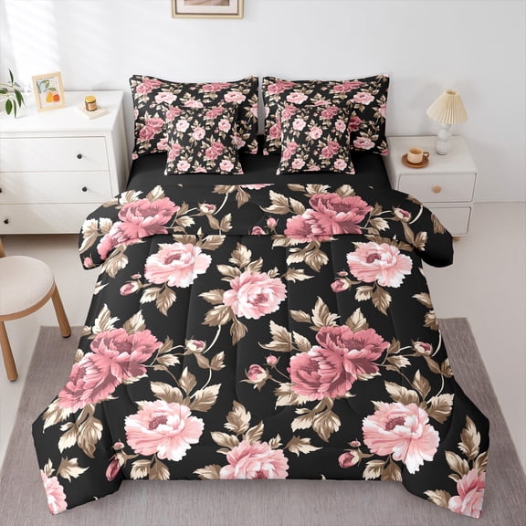 Feelyou Rustic Farmhouse Floral Bedding Comforter Set 7pcs, Retro French Style Queen Bedding Sets, Romantic Garden Flower Reversible Queen Sheet Sets, Microfiber Bedroom Decor