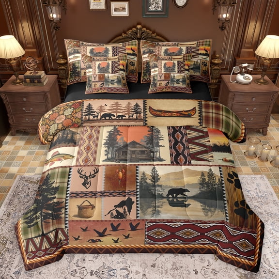 Feelyou Rustic Farmhouse Men Bedding Comforter Set 7pcs, Hippie Bohemian Aztec Queen Bedding Sets, Retro Buffalo Patchwork Reversible Queen Sheet Sets, Breathable Home Decor
