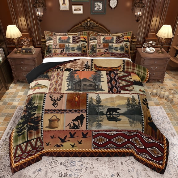 Feelyou Rustic Farmhouse Men Bedding Comforter Set, Hippie Bohemian Aztec Twin Comforter Sets, Retro Buffalo Patchwork Reversible Bedding Set, Breathable Home Decor, 2-Piece