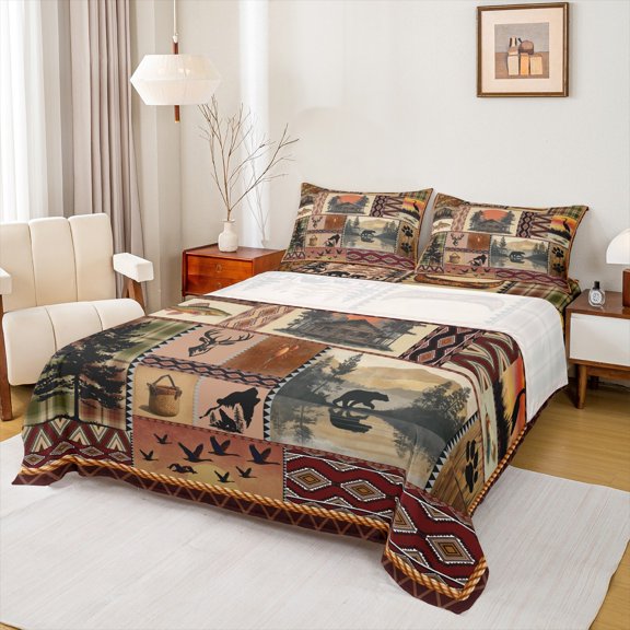 Feelyou Rustic Farmhouse Men Twin Sheet Sets, Hippie Bohemian Aztec Twin Fitted Sheet, Retro Buffalo Patchwork Flat Sheet, Breathable Home Decor, 3-Piece