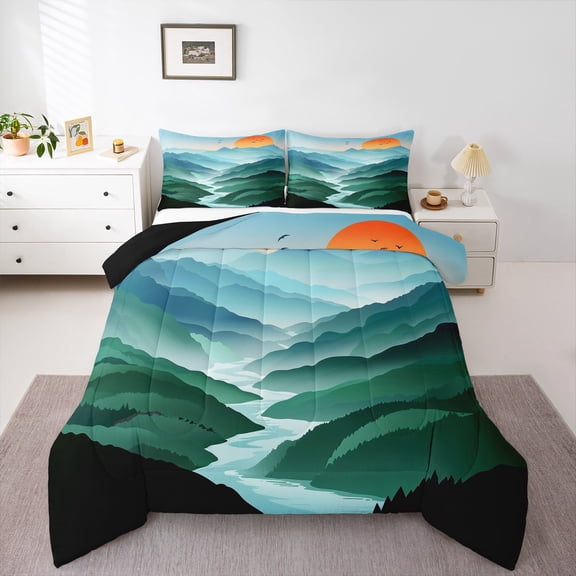 Feelyou Rustic Farmhouse Queen Comforter Set for Teen, Nature Scenery Bedding Sets, Jungle Sun Mountain Reversible Bedding Comforter Set, Luxury Bedroom Decor, 3pcs