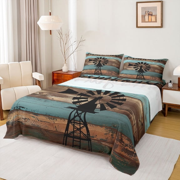 Feelyou Rustic Farmhouse Queen Sheet Sets, Wooden Plank Cabin Bed Set, 4 Pieces