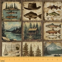 Feelyou Rustic Fish Men Fabric by the Yard 1 Yard, Woodland Wildlife Room Decor Fabric by the Yard, Farmhouse Patchwork Fabric for Sewing, Super Cozy Room Decor