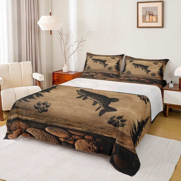 Feelyou Rustic Fishing Pike Animal Full Size Sheets for Men Boys, Country Lodge Cabin Bed Sheets, Brown, 4pcs