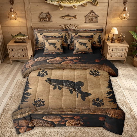 Feelyou Rustic Fishing Pike Animal Twin Bedding Sets for Men Boys, Country Lodge Cabin Bedding Comforter Set, Brown, Black Reversible, 7pcs