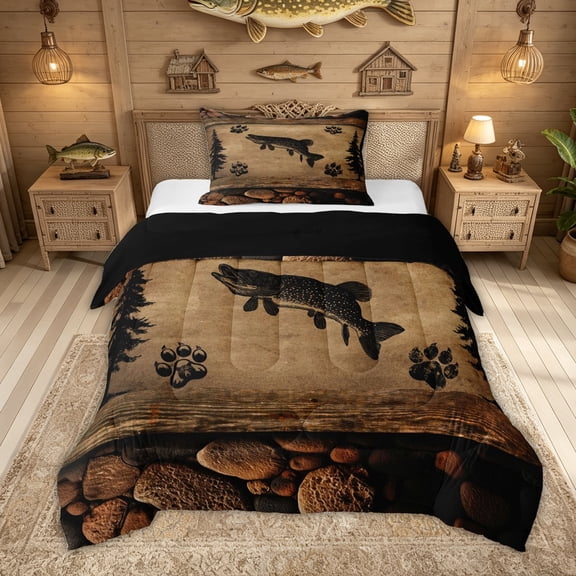 Feelyou Rustic Fishing Pike Animal Twin Comforter Sets for Men Boys, Country Lodge Cabin Bedding Set, Brown, Black Reversible, 2pcs