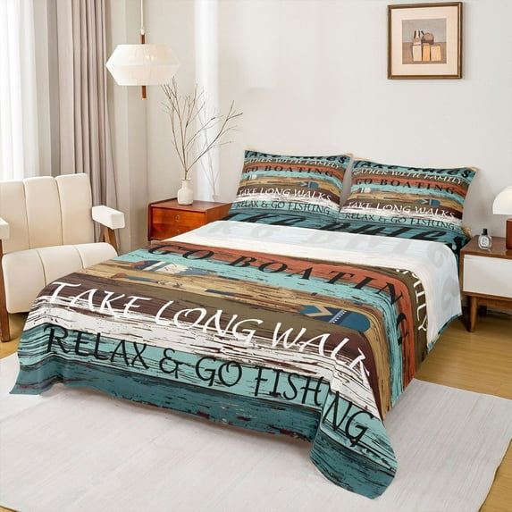 Feelyou Rustic Fishing Teen Queen Sheet Sets, Go Boating Bed Set, 4-Piece