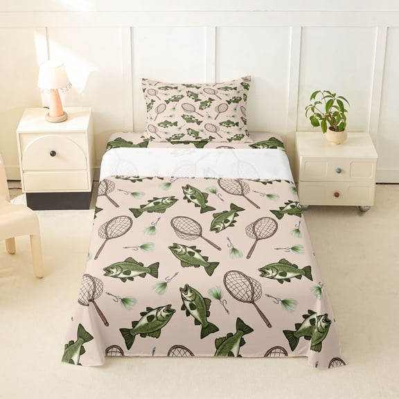 Feelyou Rustic Fishing Twin Sheet Sets for Kids, Farmhouse Marine Animal Bedding, Fresh Lake, 3pcs